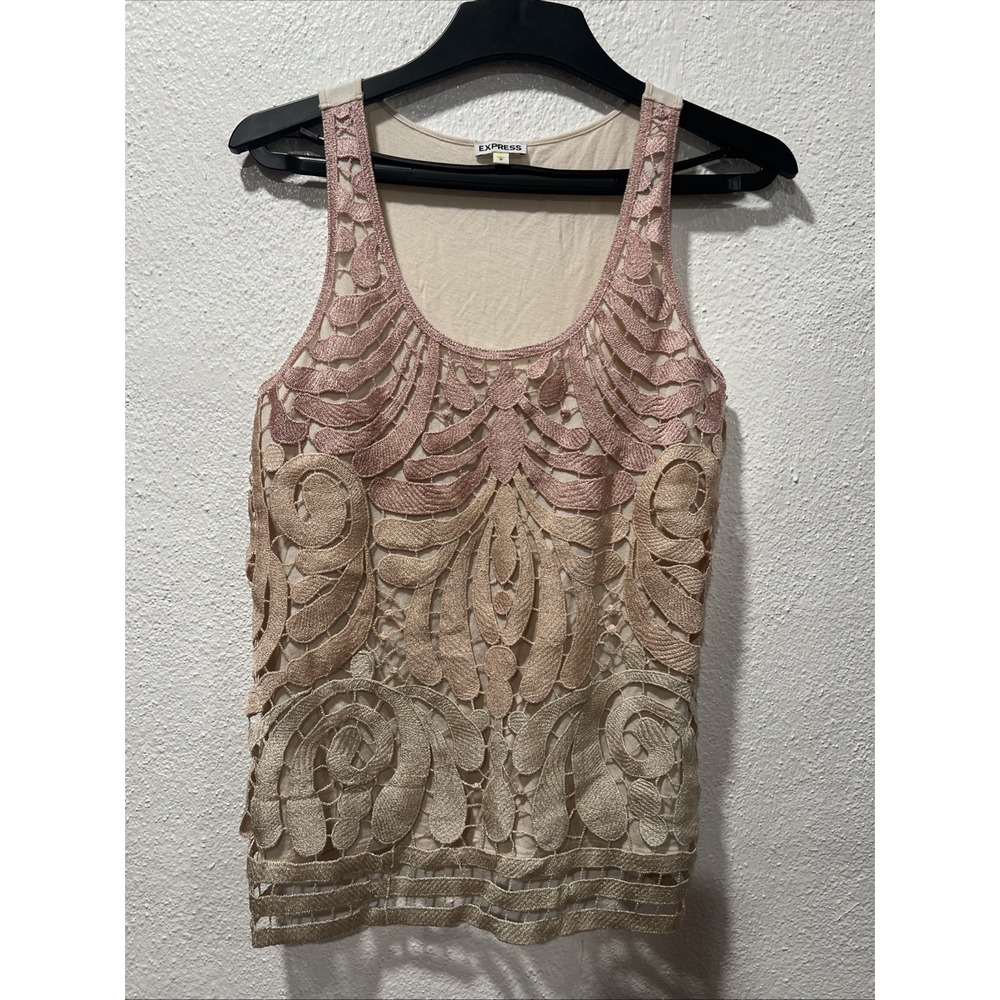 Express Women Medium Tank Top Lattice Crochet Rose Gold Ombre Metallic Camisole